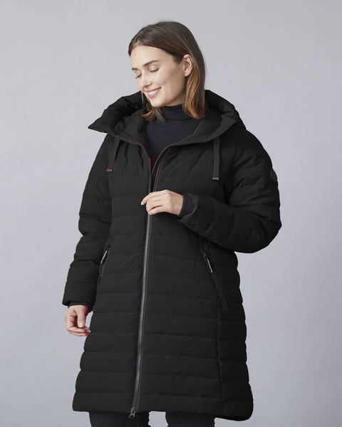 Junge Kiki Contrast Zip Curved Hem Puffer with Hood in Black