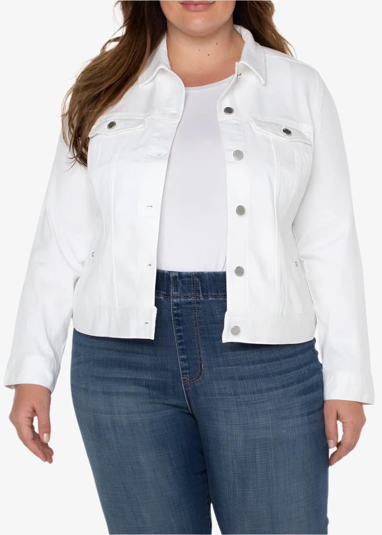 front view of plus size Liverpool Classic White Denim Jean Jacket