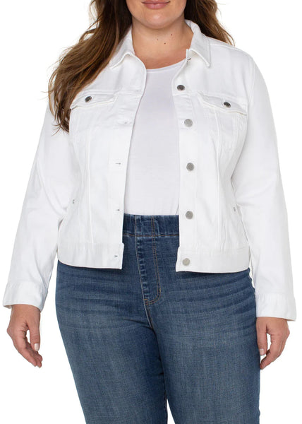 front view of plus size Liverpool Classic White Denim Jean Jacket