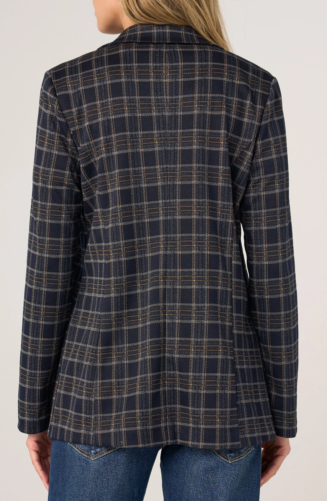 Plaid boyfriend blazer back view in navy and tan, center back seam and full sleeves