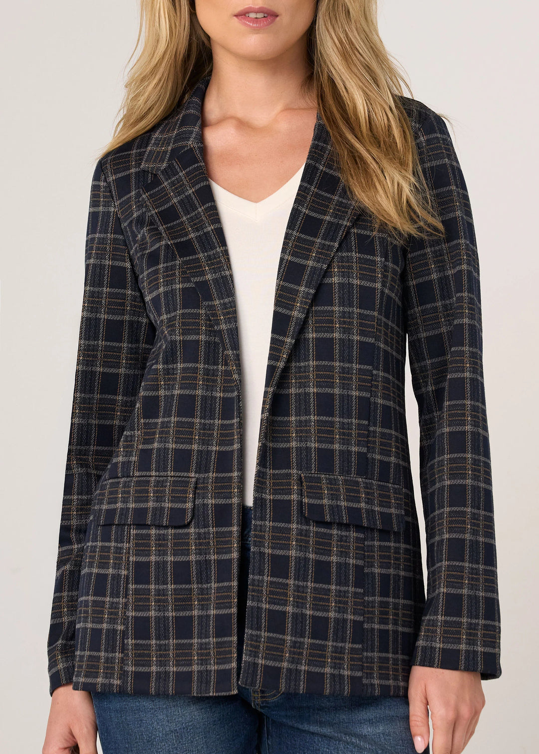 Plaid boyfriend blazer in navy and tan, notch lapels and button front, front pockets