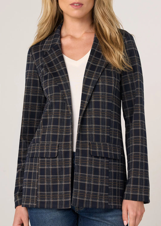 Plaid boyfriend blazer in navy and tan, notch lapels and button front, front pockets