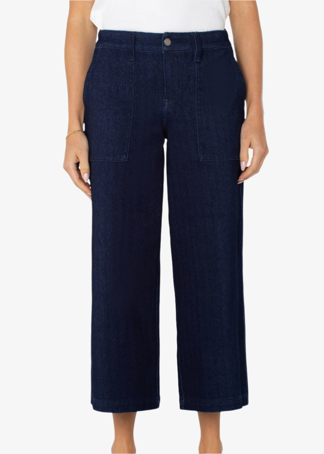 Front view of Liverpool Wide Leg Cargo Jean in Indigo Rinse in plus sizes