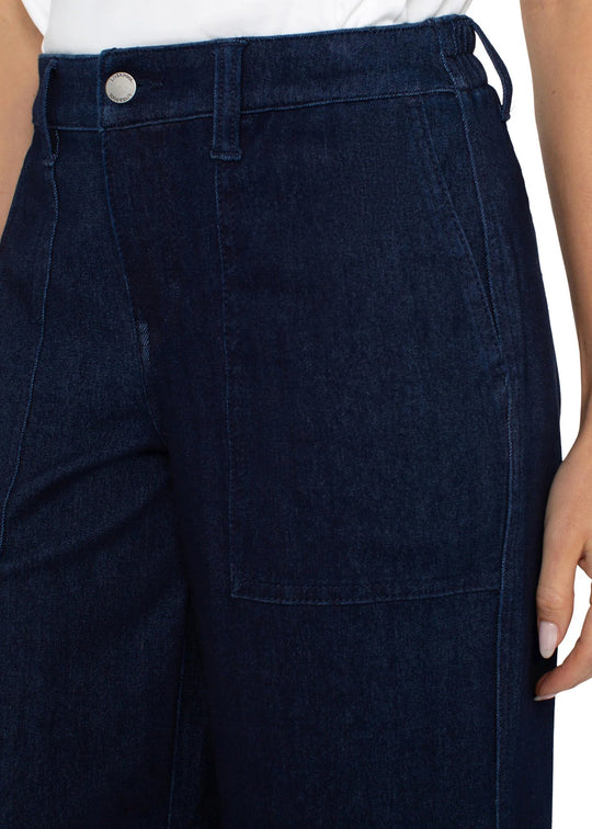 close up view Liverpool Wide Leg Cargo Jean in Indigo Rinse in plus sizes