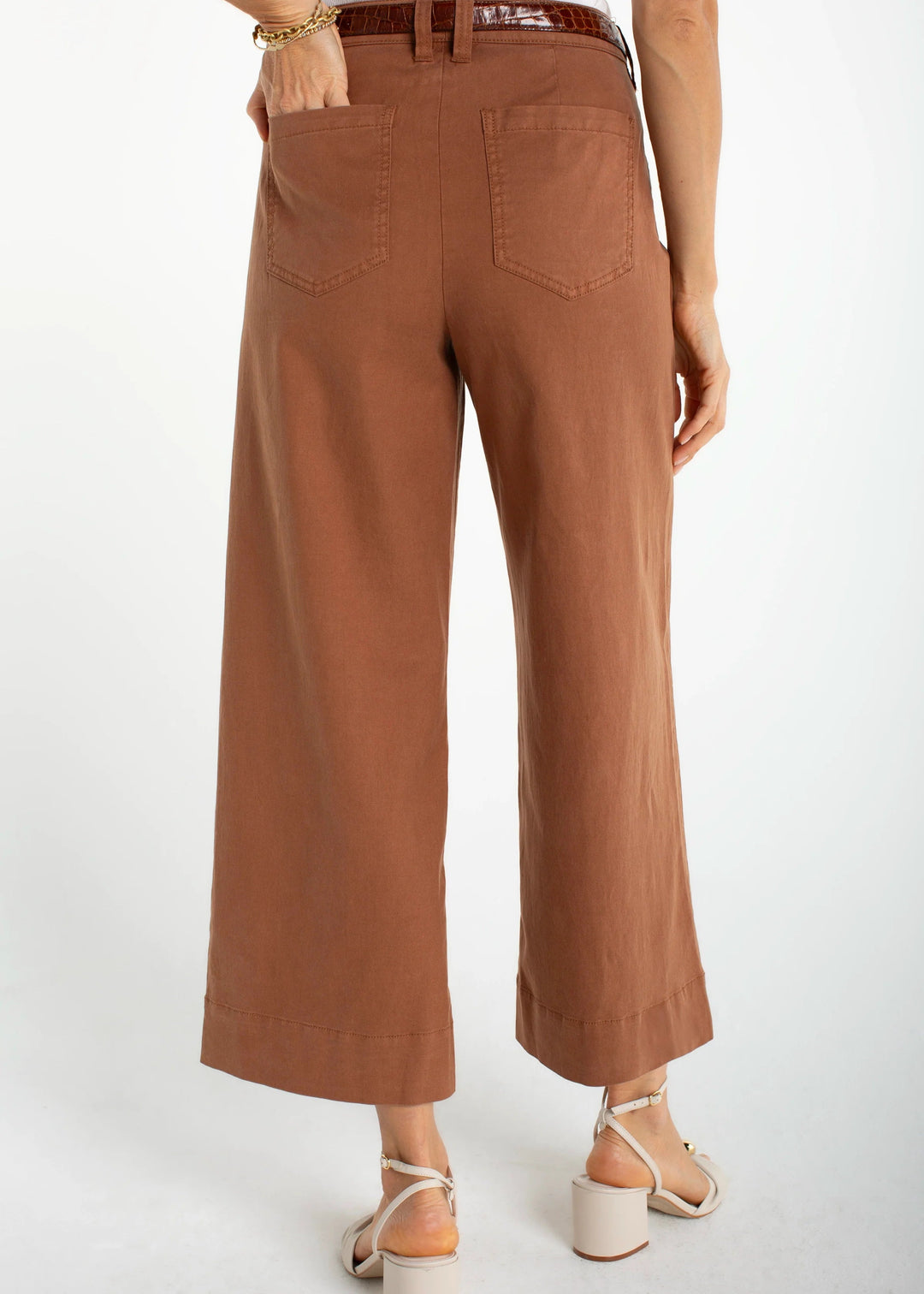 back view of plus size Liverpool High Rise Crop Wide Leg Pant in Mocha Brown