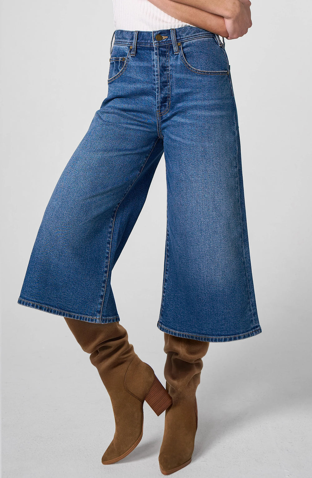 Blue denim high-rise culotte pants with wide flared legs and front pockets