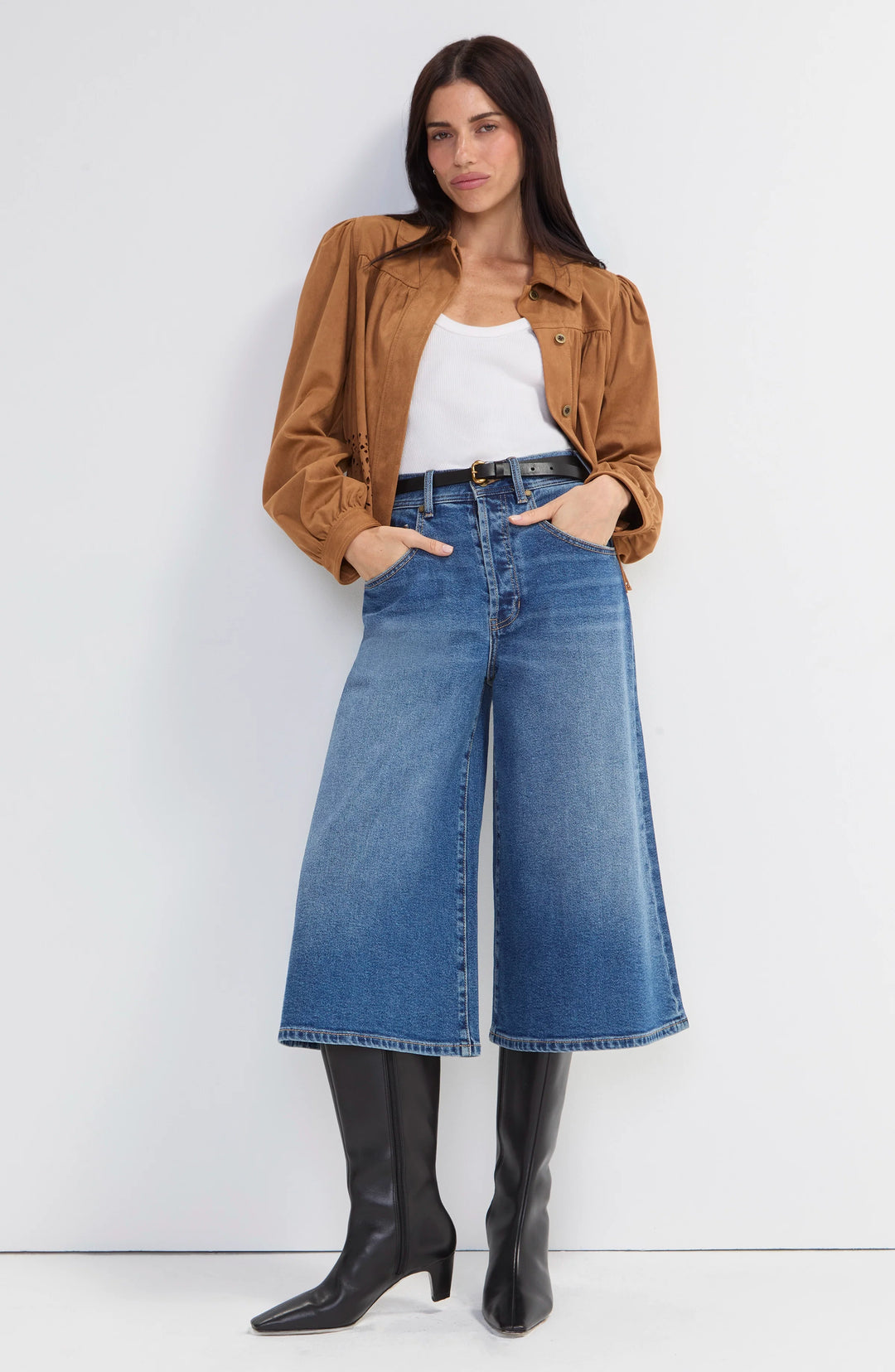 High-rise denim culotte pants with wide legs and front button closure