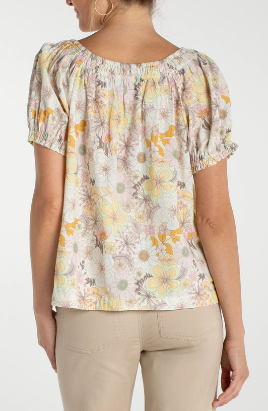 Liverpool Short Sleeve Tie Neck Floral Woven Top in Pristine Multi
