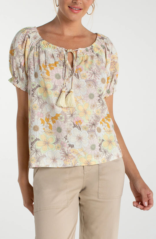 Liverpool Short Sleeve Tie Neck Floral Woven Top in Pristine Multi