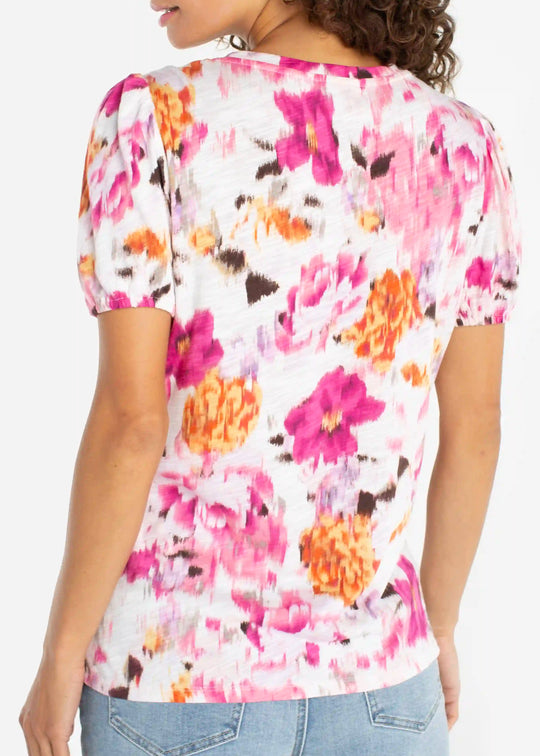 back view of plus size Liverpool Puff Sleeve Scoopneck Floral Knit Top in Pink Multi