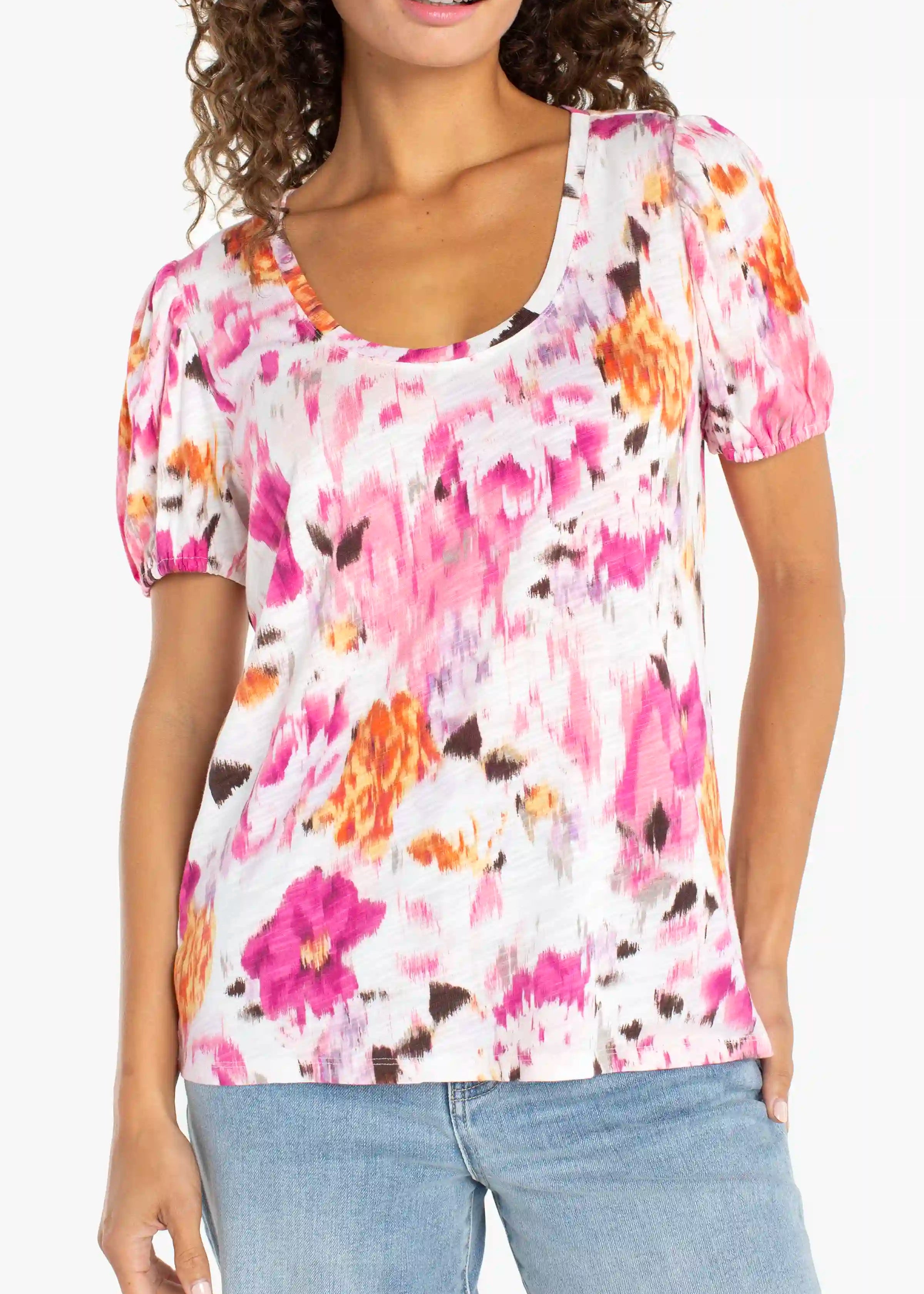front view of plus size Liverpool Puff Sleeve Scoopneck Floral Knit Top in Pink Multi