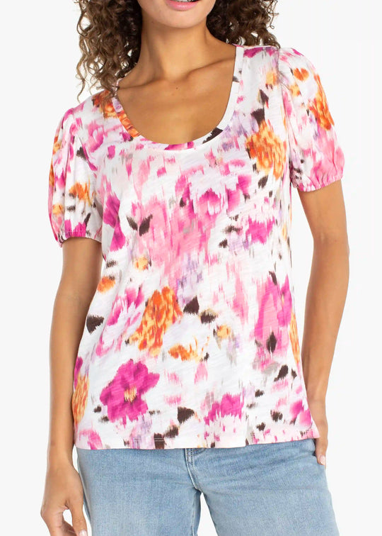 front view of plus size Liverpool Puff Sleeve Scoopneck Floral Knit Top in Pink Multi