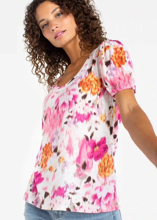 front  side view of plus size Liverpool Puff Sleeve Scoopneck Floral Knit Top in Pink Multi