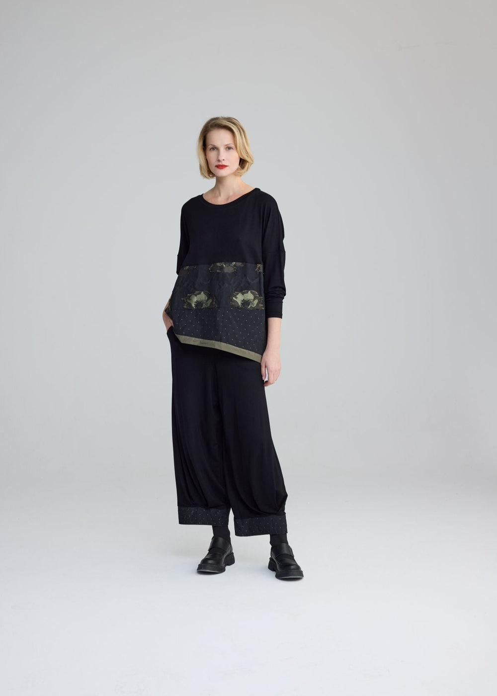 front view of plus size Luukaa Mix Media Top with Print Taffeta in Olive 