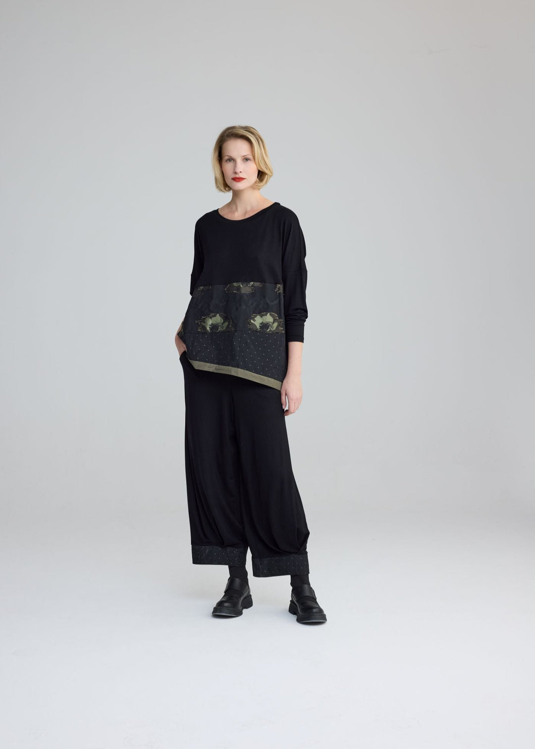 front view of plus size Luukaa Mix Media Top with Print Taffeta in Olive 