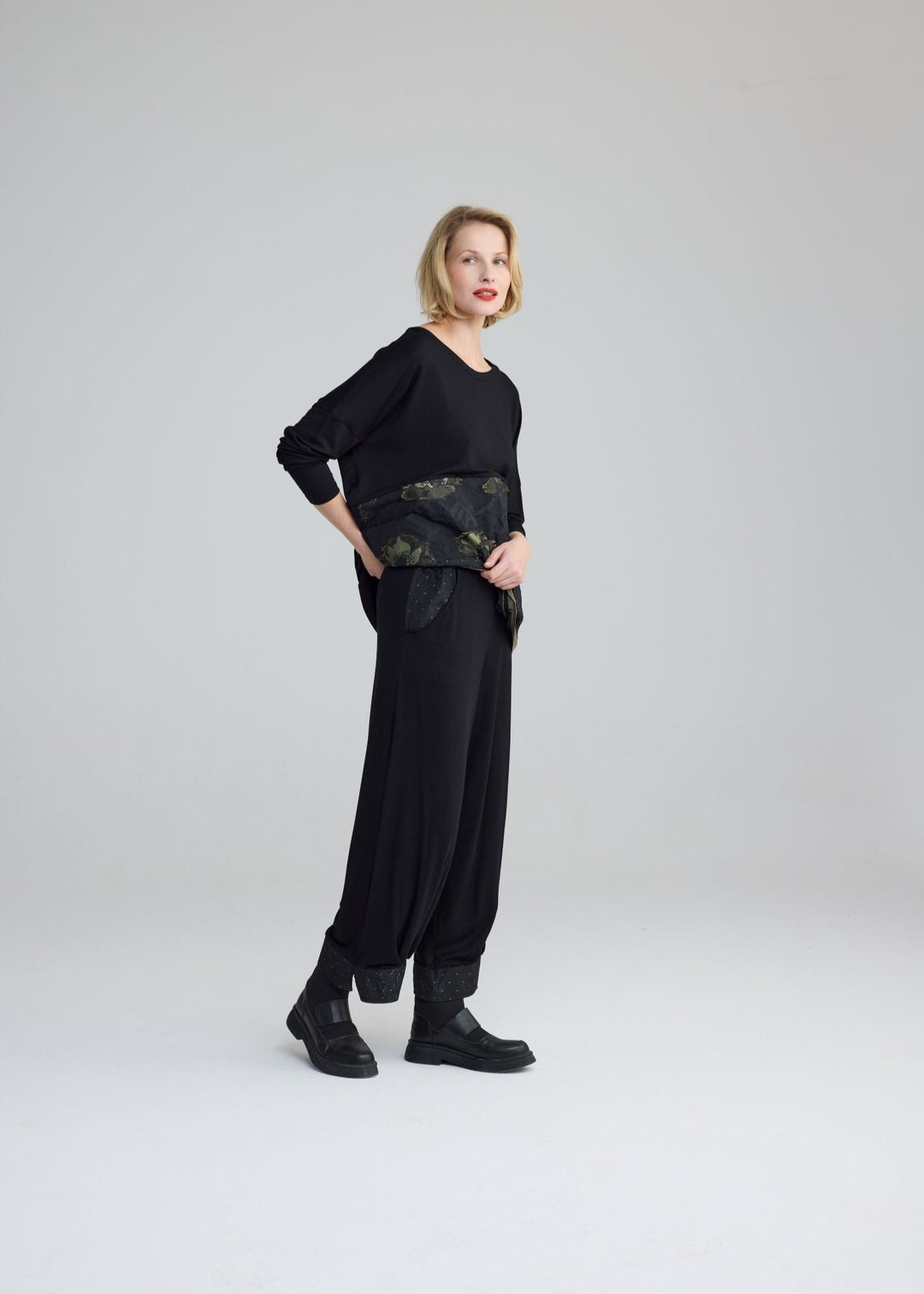 front view of plus size Luukaa Mix Media Top with Print Taffeta in Olive 