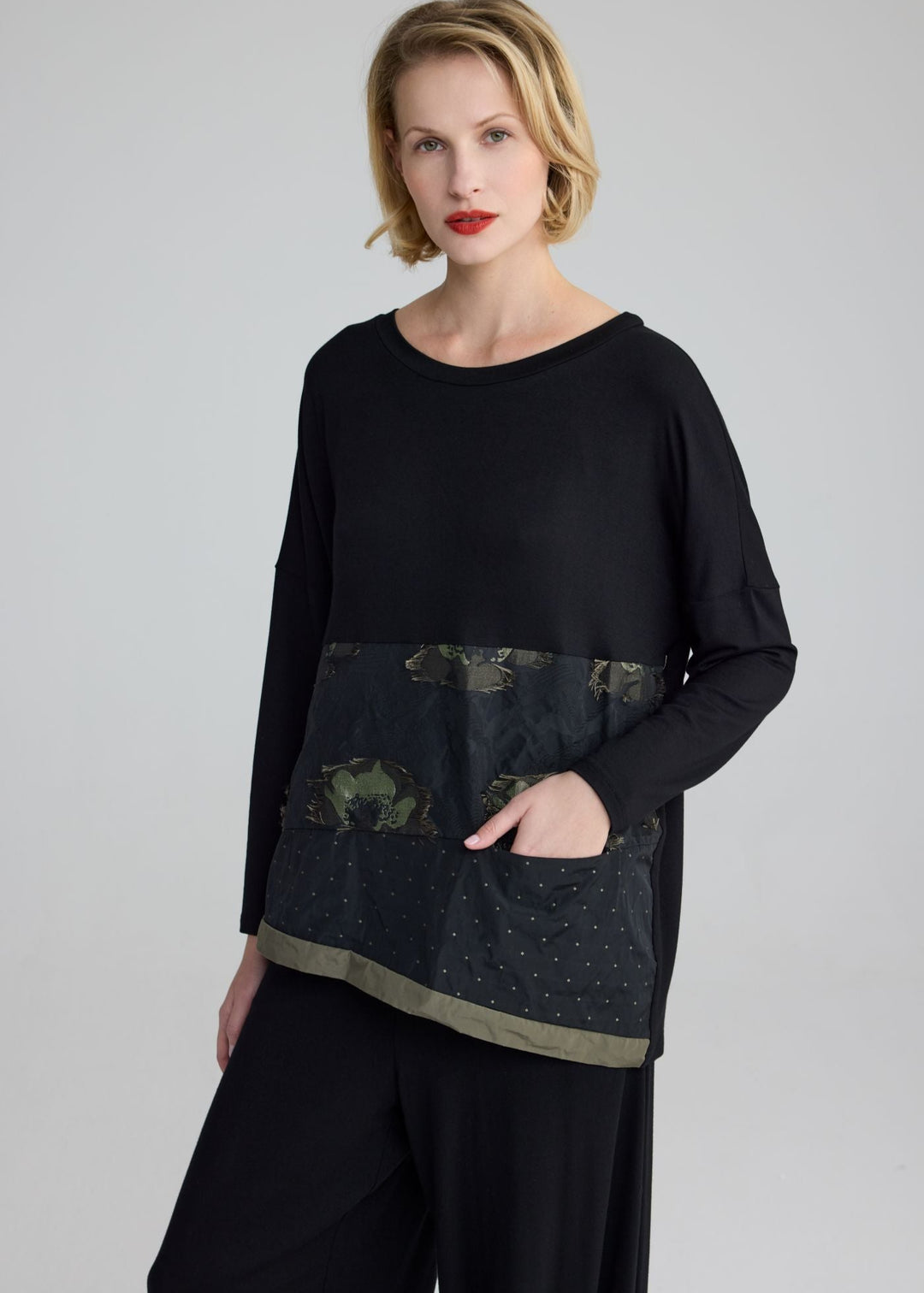front view of plus size Luukaa Mix Media Top with Print Taffeta in Olive Black