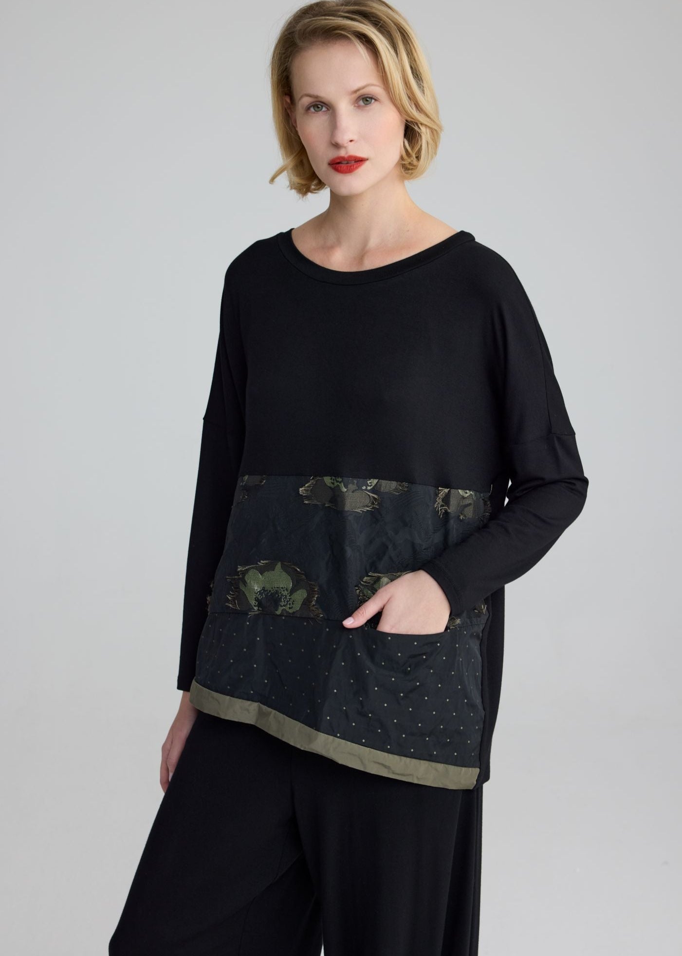 front view of plus size Luukaa Mix Media Top with Print Taffeta in Olive Black
