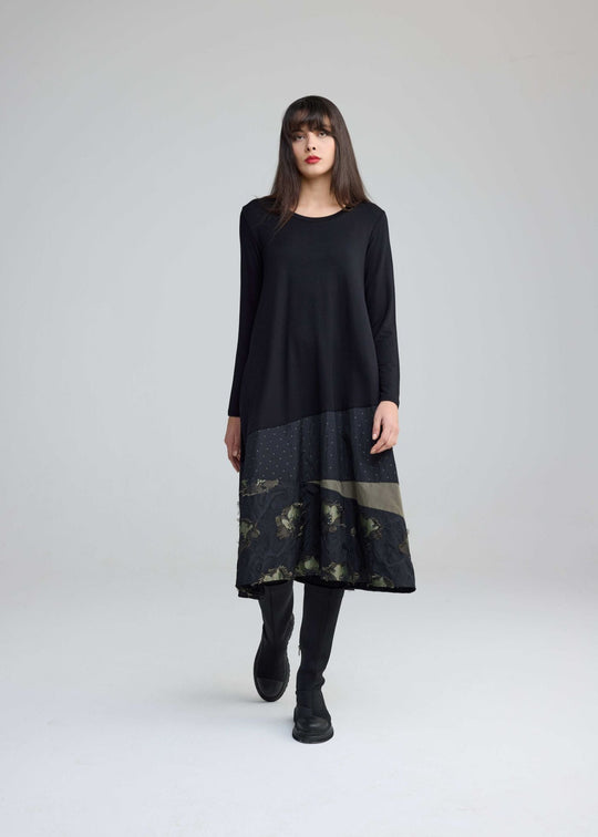 Luukaa A-Line Mix Media Vaila Dress with Print Taffeta Hem in Olive Black