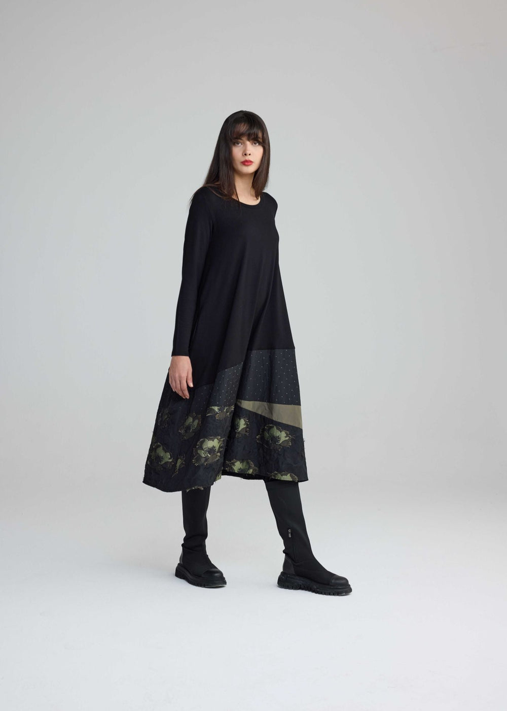 Luukaa A-Line Mix Media Vaila Dress with Print Taffeta Hem in Olive Black