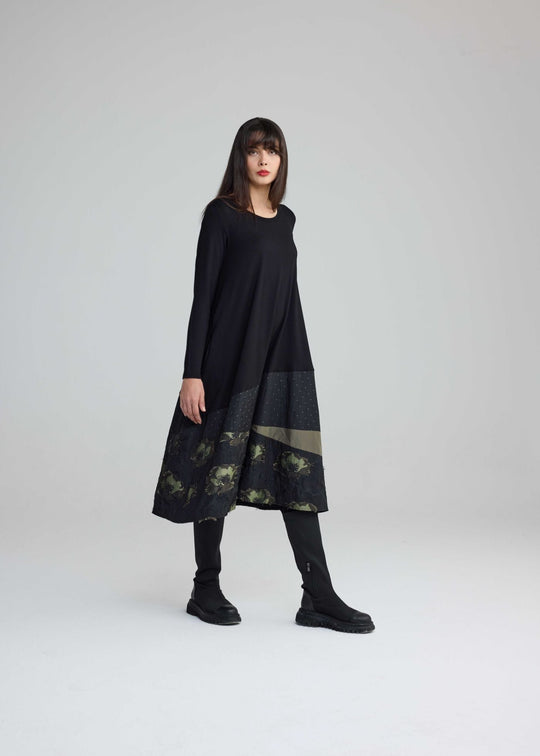Luukaa A-Line Mix Media Vaila Dress with Print Taffeta Hem in Olive Black