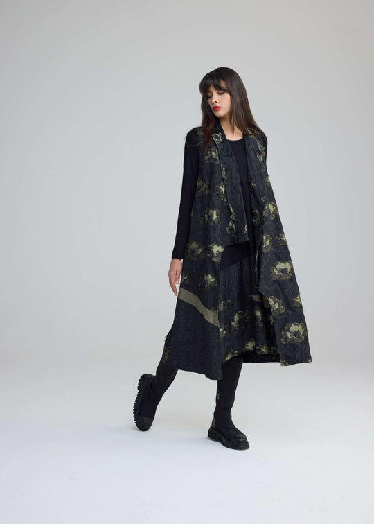 Luukaa A-Line Mix Media Vaila Dress with Print Taffeta Hem in Olive Black