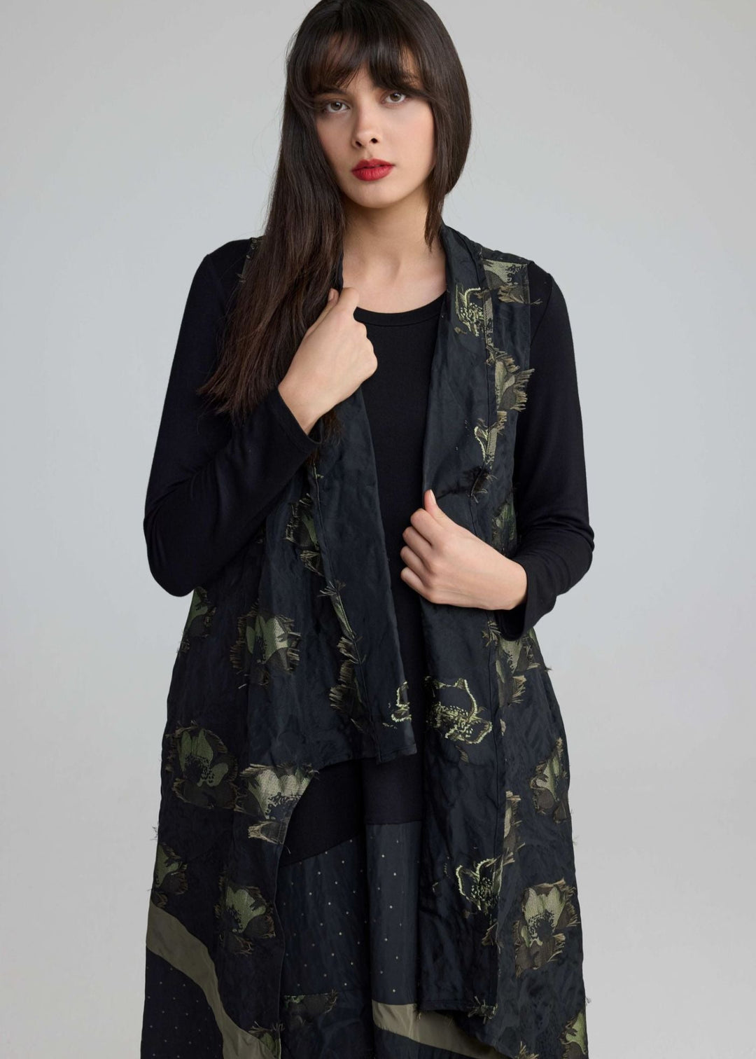 Luukaa A-Line Mix Media Vaila Dress with Print Taffeta Hem in Olive Black
