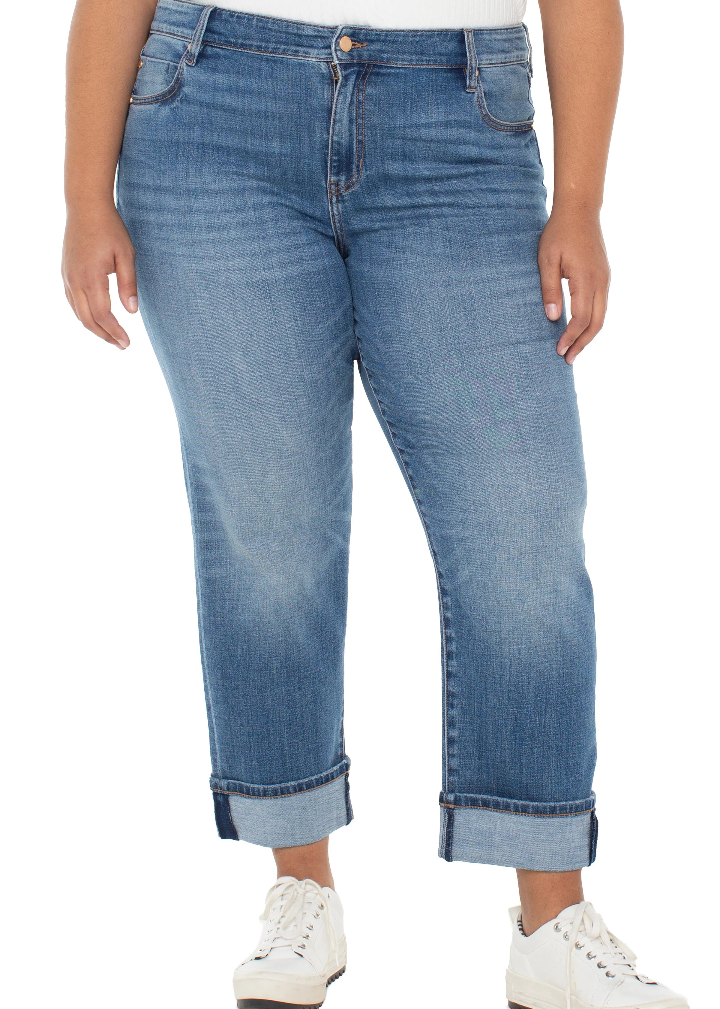 front view of plus size Liverpool Marley Girlfriend Campus Light Wash Jean  in Campus