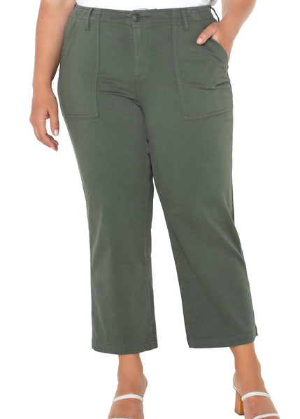 front view of plus size Liverpool Cargo Crop Wide Leg Pant in Martini Olive
