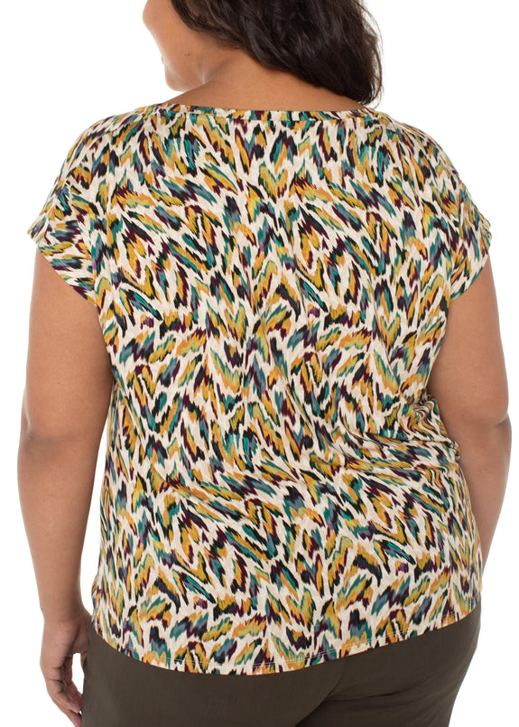 back view of plus size Liverpool Sleeveless Shoulder Pleat Boat Neck Knit Top in Green Multi Animal
