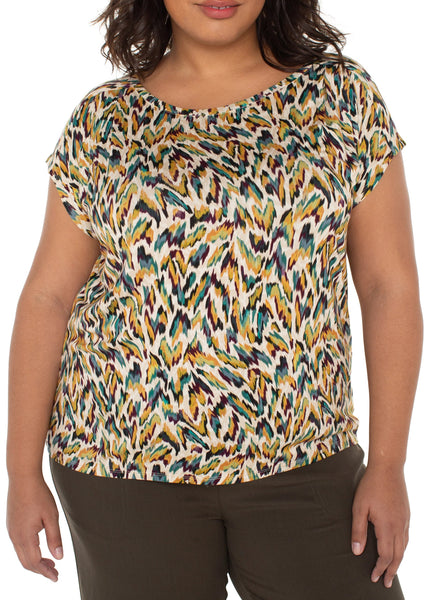 front view of plus size Liverpool Sleeveless Shoulder Pleat Boat Neck Knit Top in Green Multi Animal
