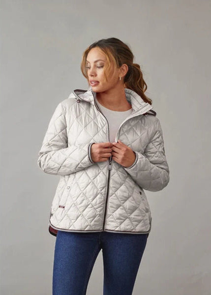 Junge Lilje Light Faux Down Quilted Jacket with Striped Trim in Silver Grey