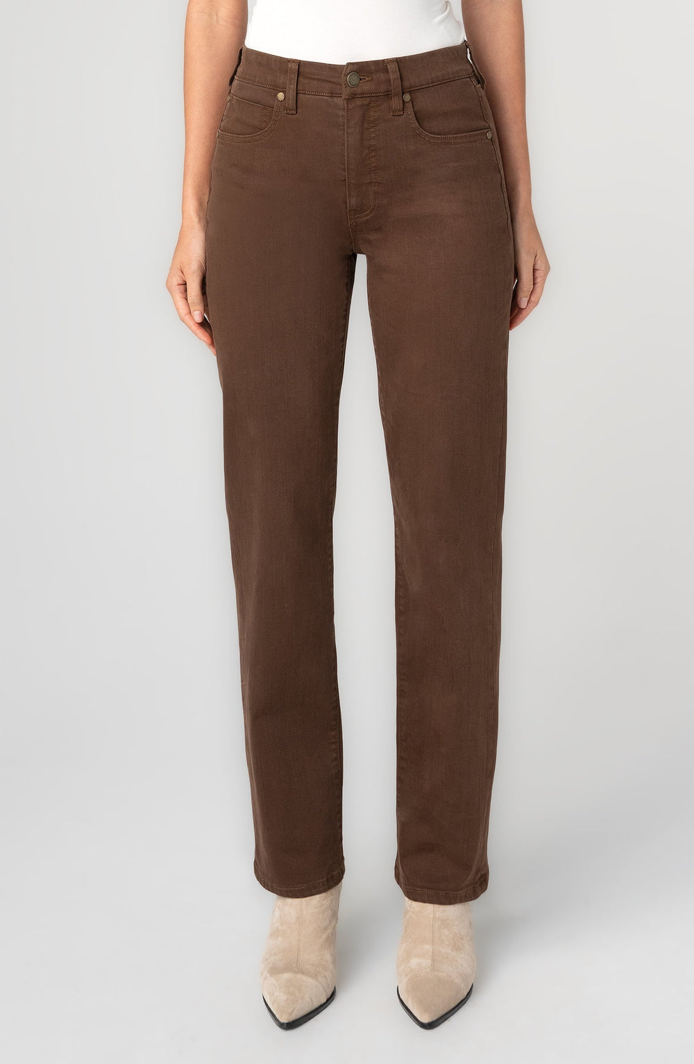 Brown straight-leg jeans with button fly, 5-pocket styling and belt loops