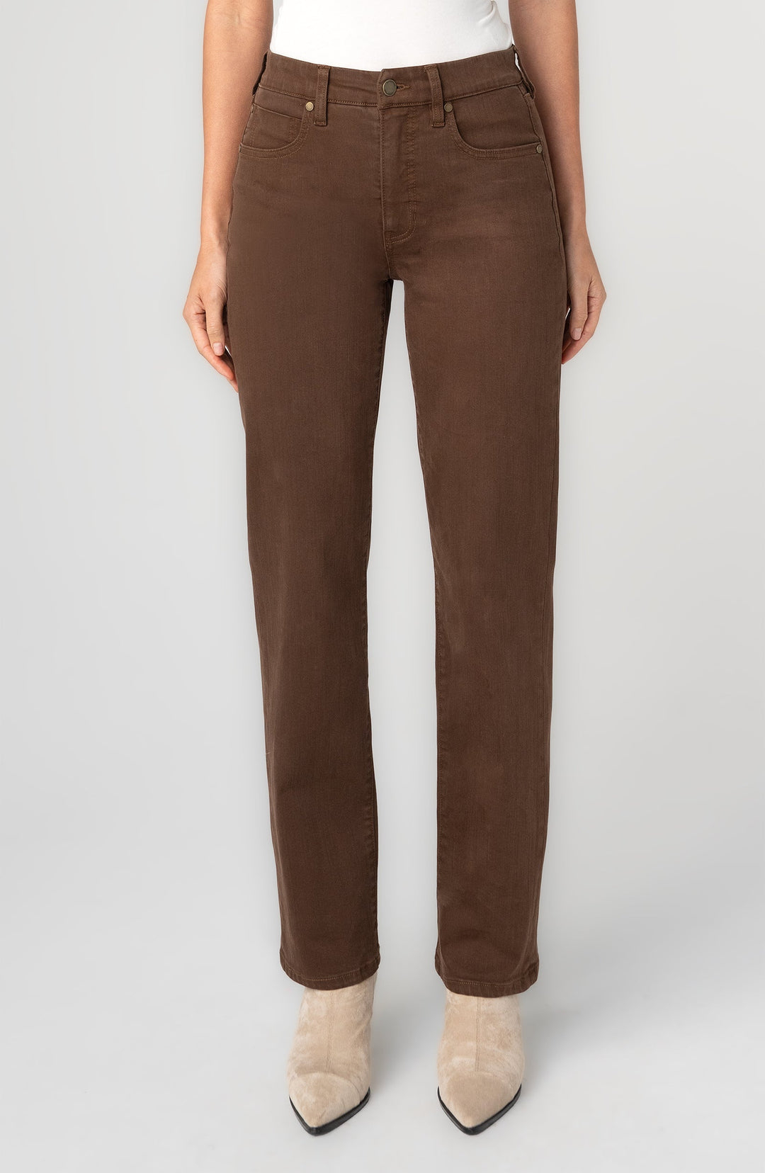 Brown straight-leg jeans with button fly, 5-pocket styling and belt loops