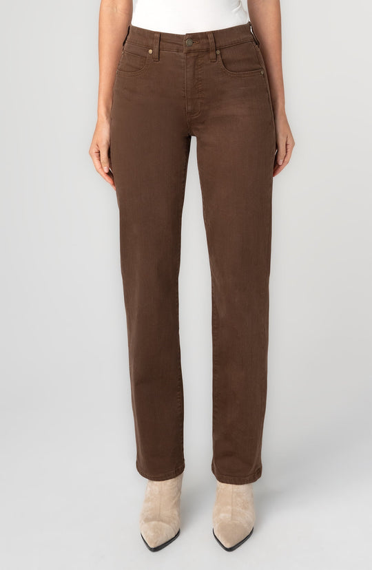 Brown straight-leg jeans with button fly, 5-pocket styling and belt loops