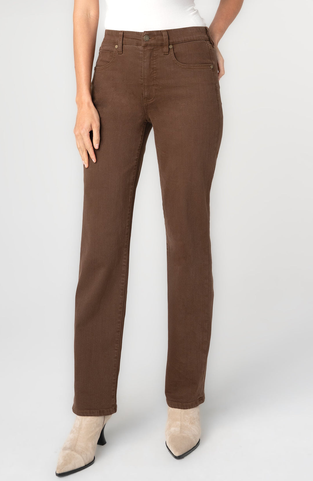 Brown straight-leg jeans with front pockets, belt loops and button fly