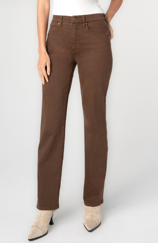 Brown straight-leg jeans with front pockets, belt loops and button fly