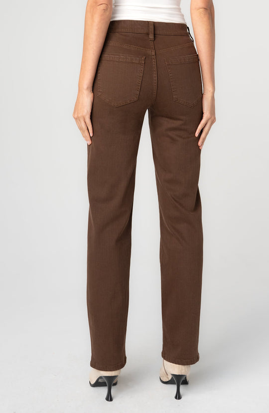 Brown straight-leg jeans, back view with patch pockets and belt loops