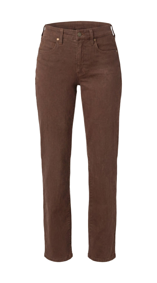 Brown straight-leg jeans front view with button fly, belt loops and stitched seams