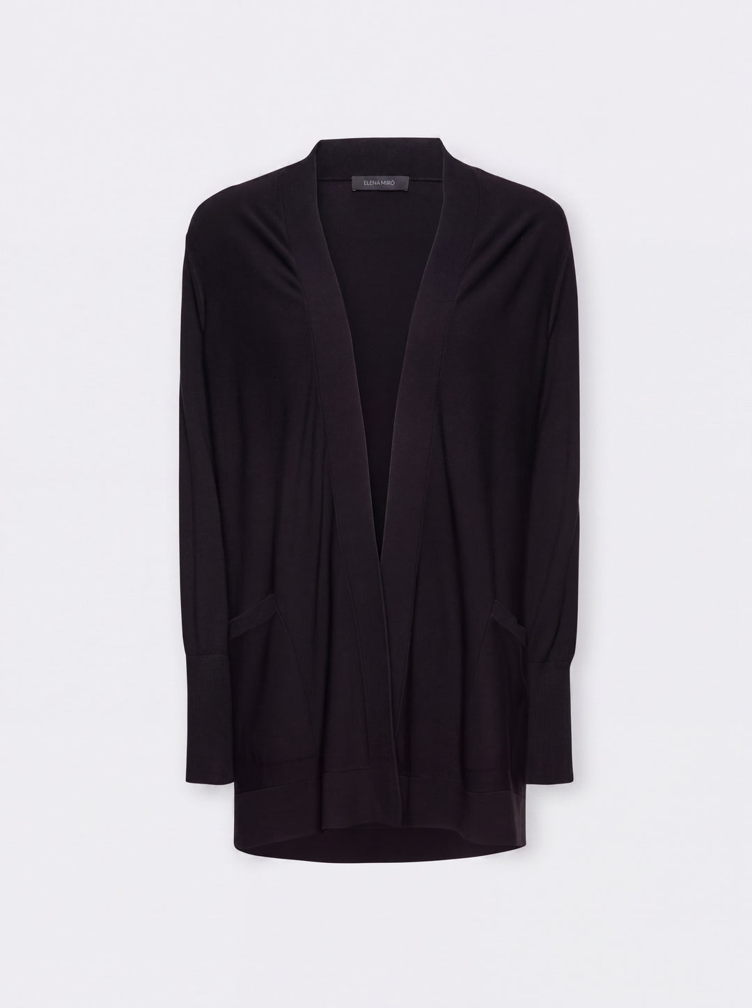 Black flared cardigan with open front and long sleeves