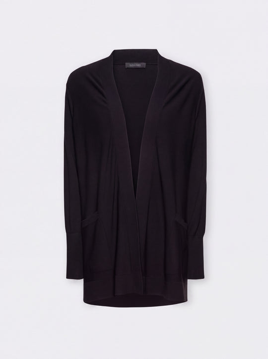 Black flared cardigan with open front and long sleeves
