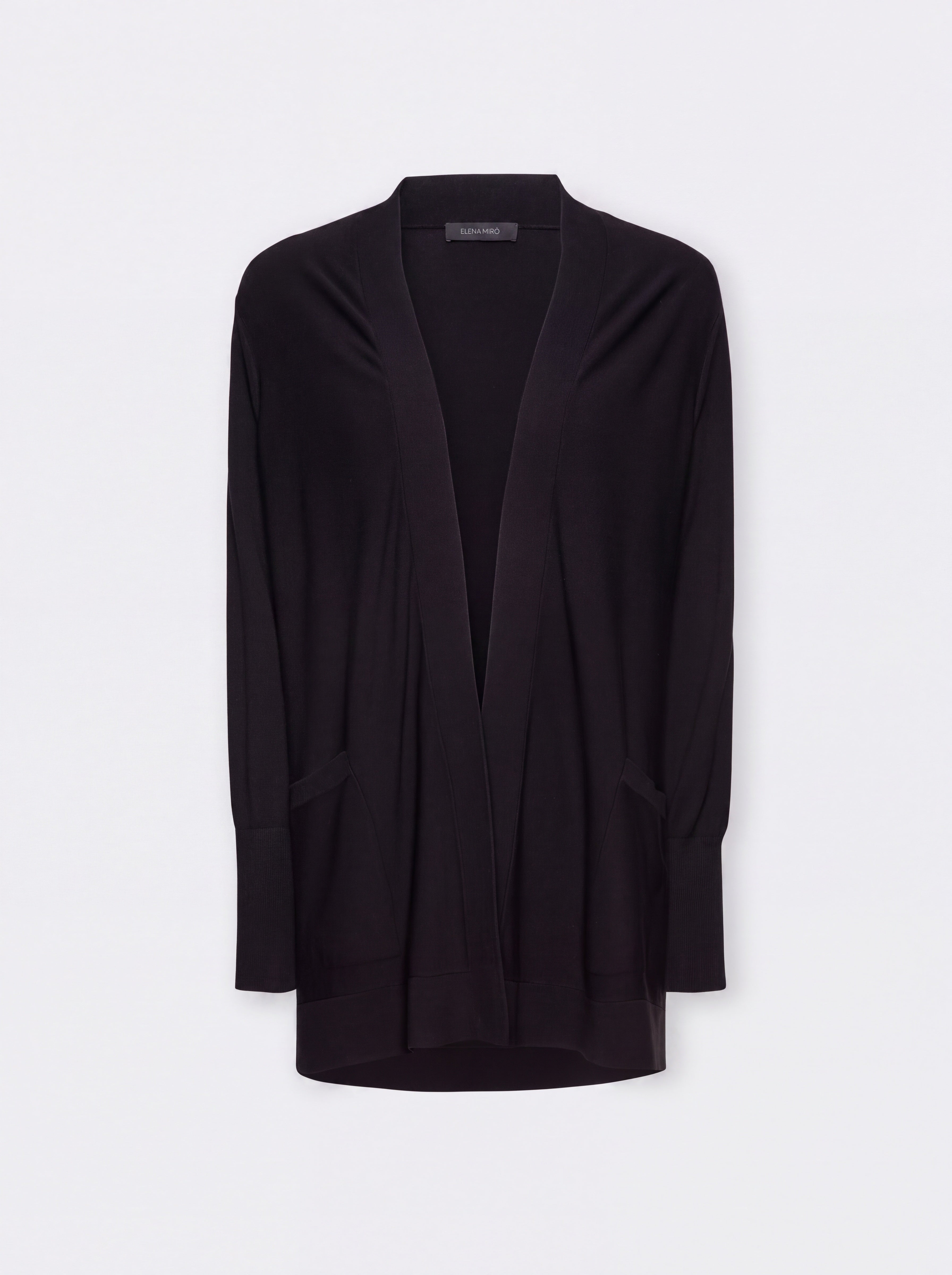 Black flared cardigan with open front and long sleeves