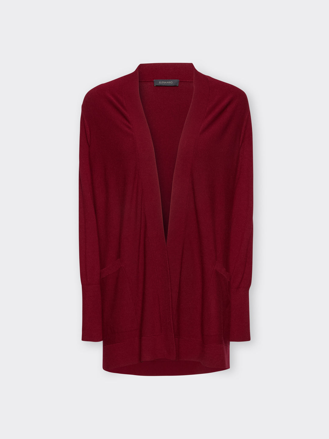 Red long-sleeve open cardigan with draped lapel front, front view