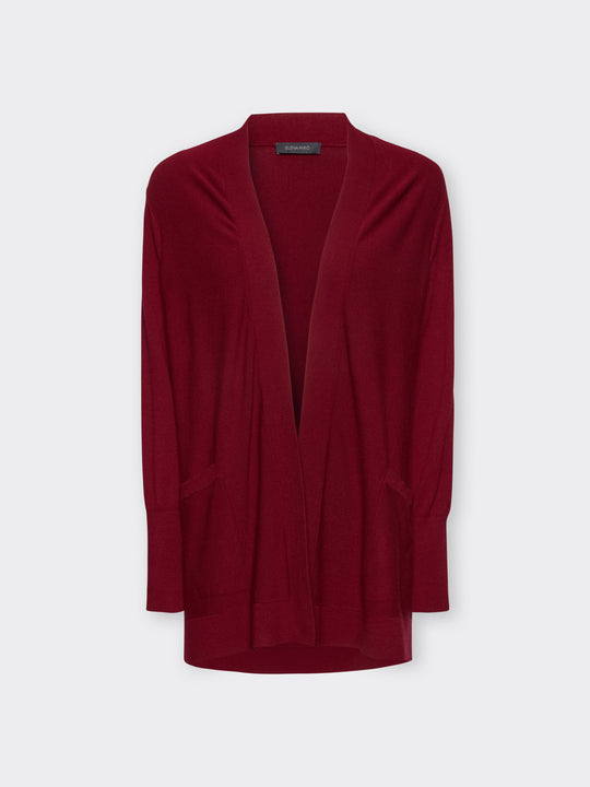 Red long-sleeve open cardigan with draped lapel front, front view