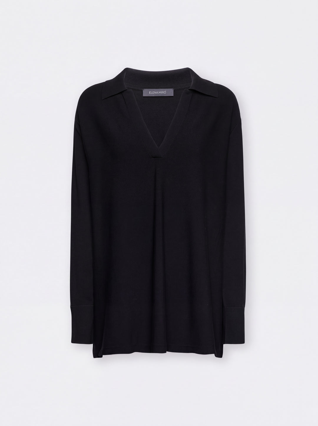 Black flared polo knit tunic with V-neck placket and long sleeves
