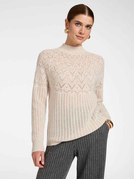 Clay perforated rib knit wool pullover with textured front and crew neck