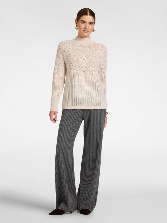Clay perforated rib knit wool pullover, long sleeves and crew neck