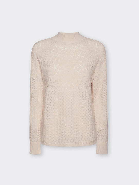 Clay perforated rib knit wool pullover with crew neck and long sleeves