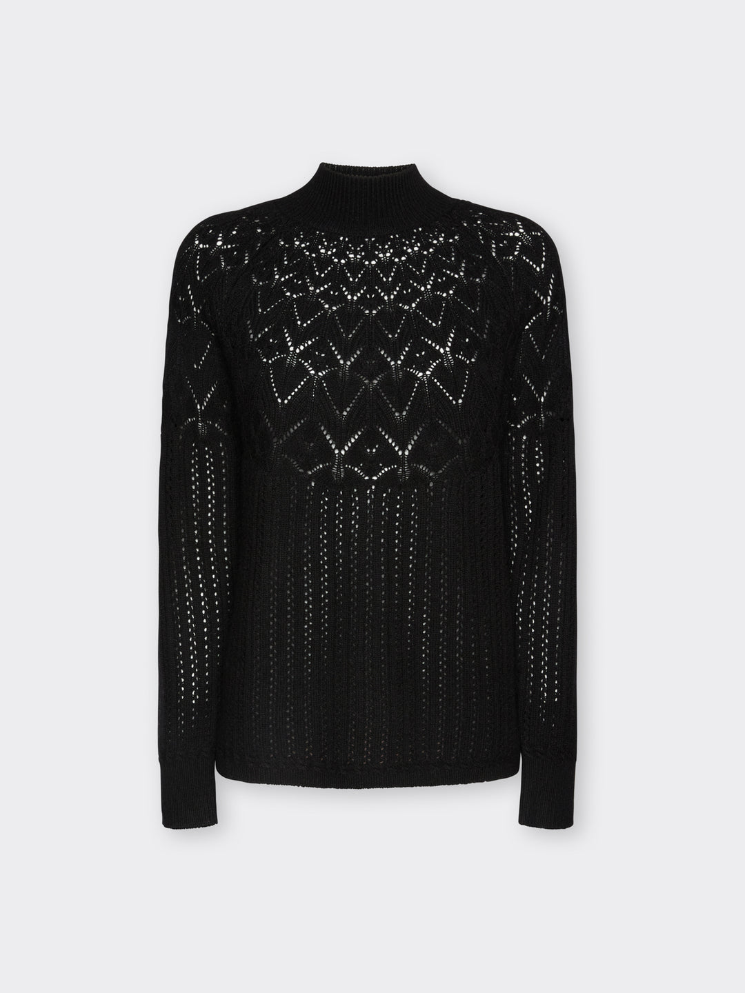 Black wool rib knit pullover with perforated geometric yoke, mock neck, long sleeves