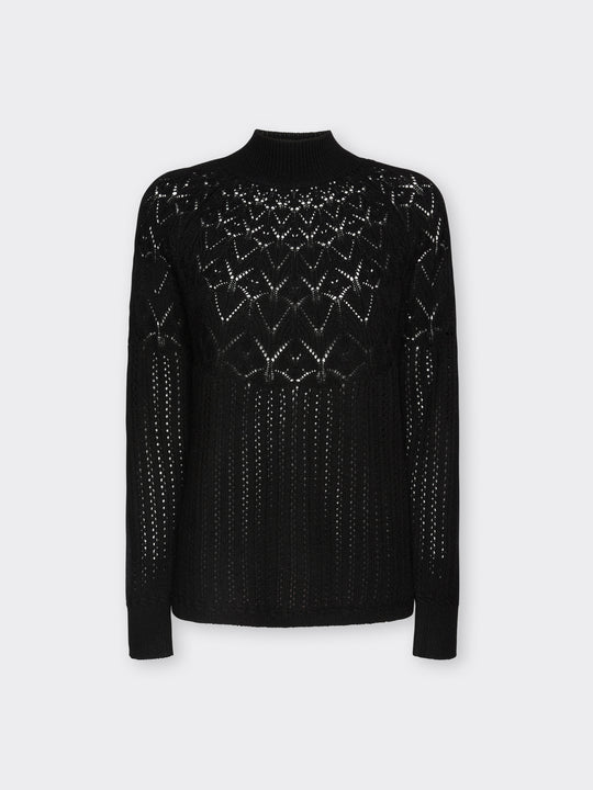 Black wool rib knit pullover with perforated geometric yoke, mock neck, long sleeves